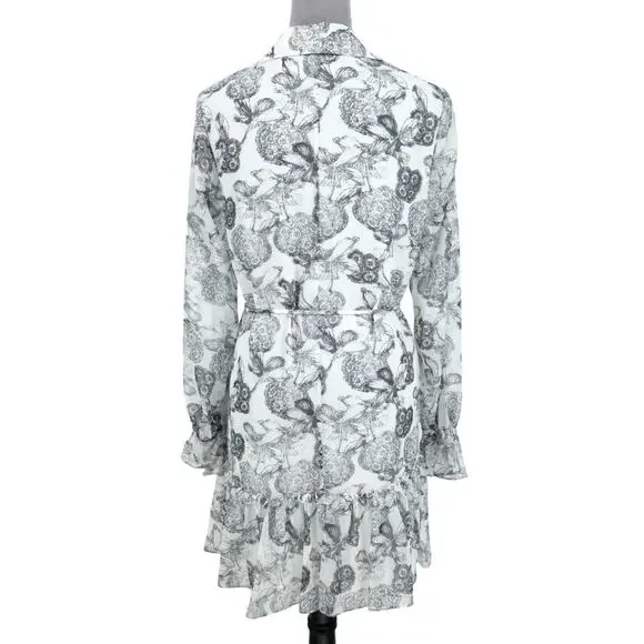 Ted Baker 2 Dress Womens 6 White Black Floral Ruffles Chiffon Tie Waist Lined - Picture 15 of 16